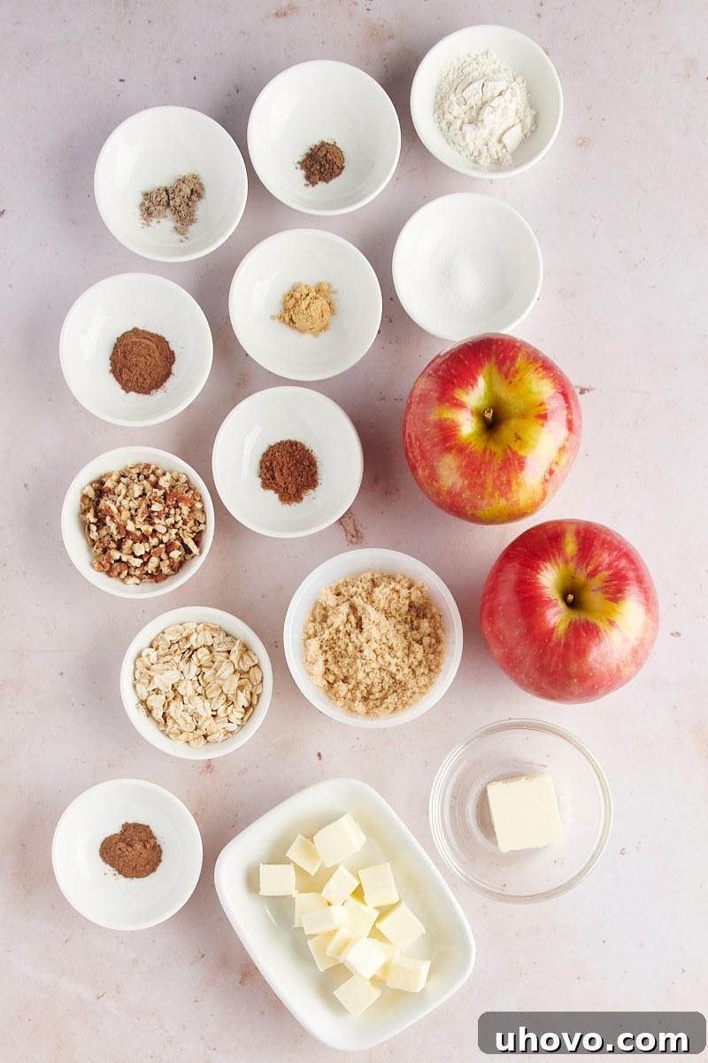 Overhead view of various ingredients laid out on a white surface, including apples, butter, brown sugar, a bowl of mixed spices, and oats, ready for making baked hasselback apples