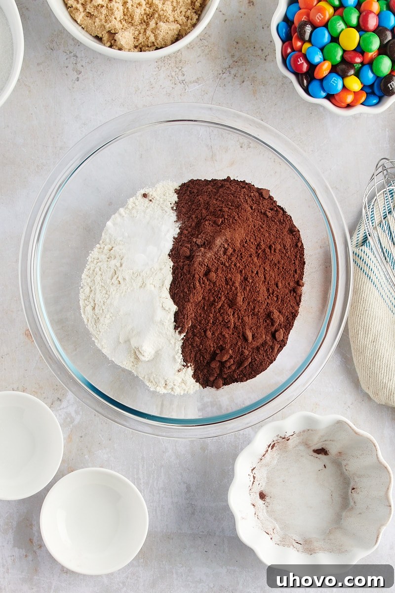 Overhead view of flour, cocoa powder, baking soda, and salt in a clear glass mixing bowl before whisking.