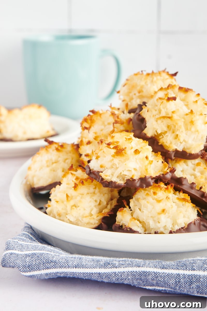 A generous pile of golden-brown Coconut Macaroons, some partially dipped in dark chocolate, rests on a large white plate, ready to be enjoyed.