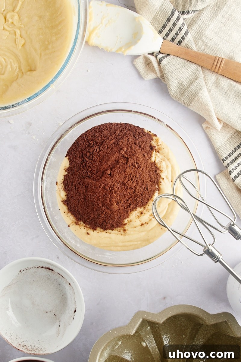 overhead view of cocoa powder being added to a portion of the cake batter