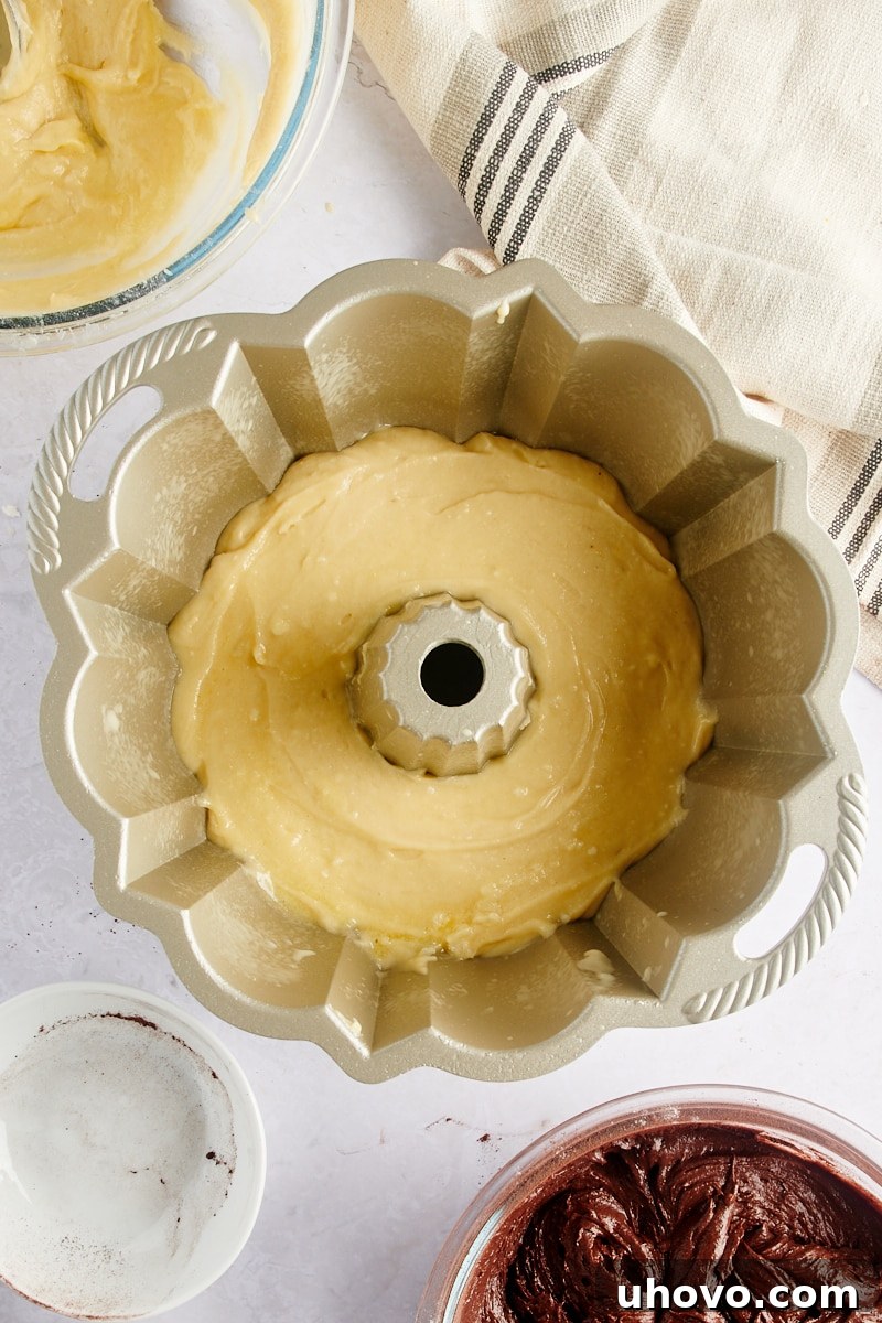 overhead view of vanilla cake batter in a Bundt pan, forming the first layer