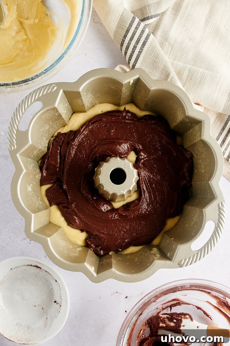 overhead view of chocolate batter layered on top of vanilla batter in a Bundt pan