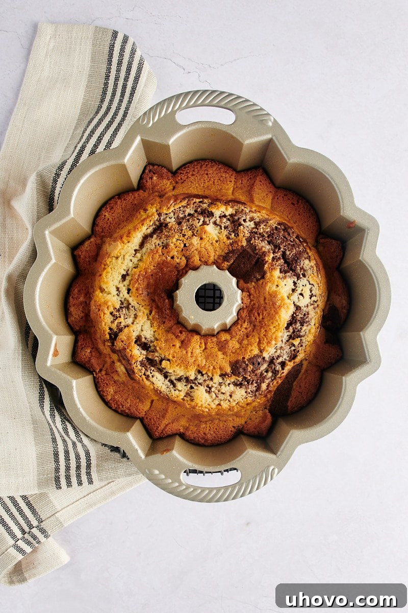 overhead view of freshly baked Marble Bundt Cake still in its Bundt pan, golden brown