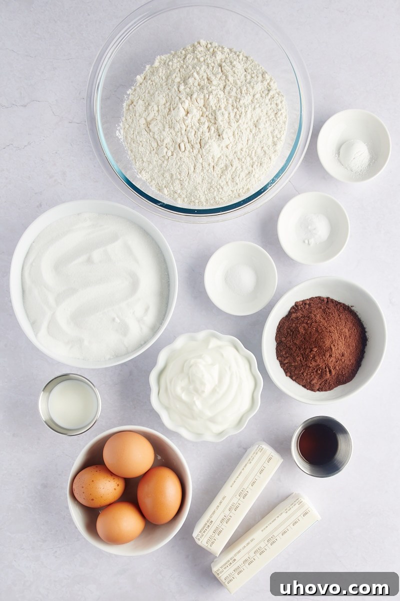 overhead view of ingredients for Marble Bundt Cake arranged on a surface