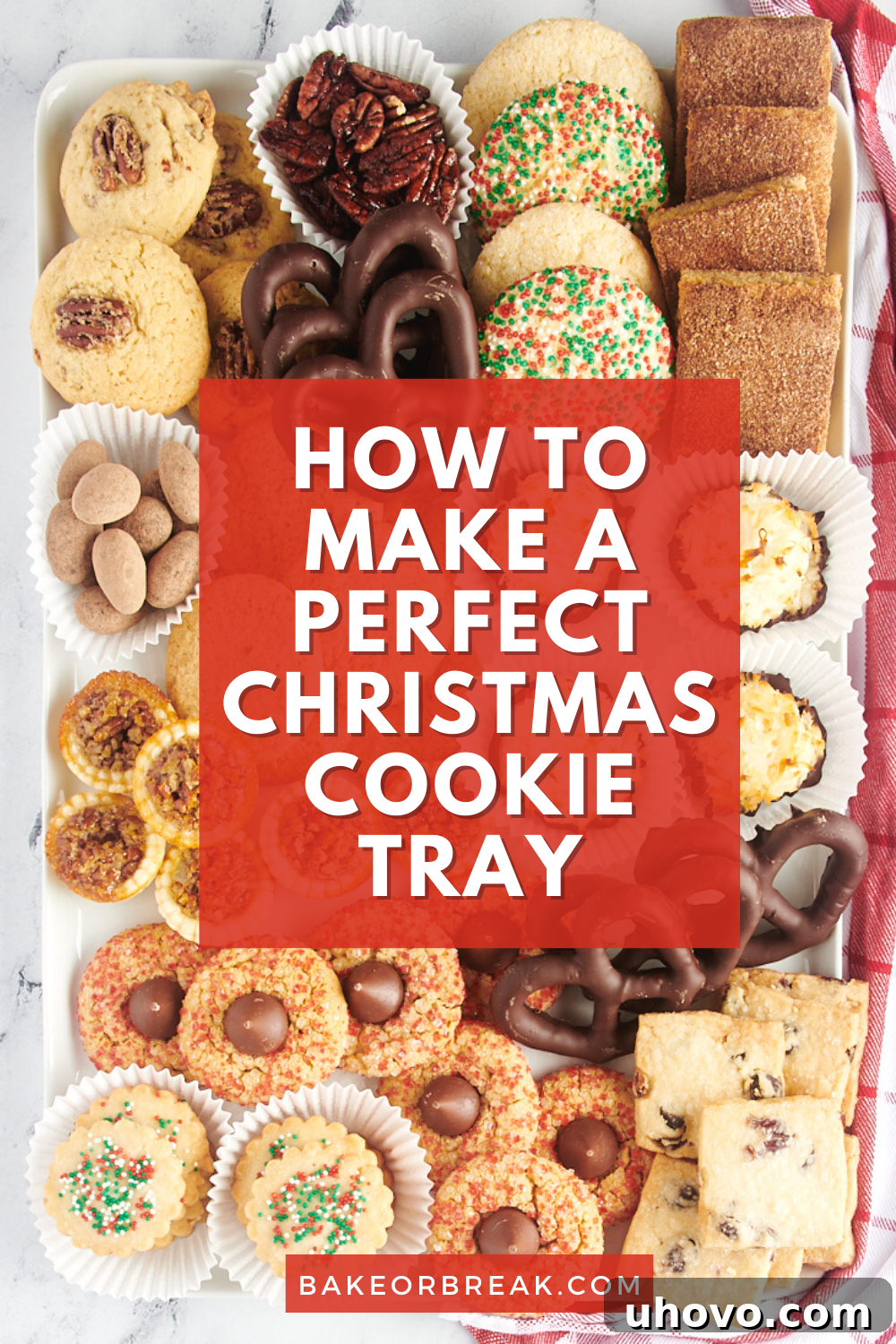 A beautifully arranged Christmas cookie tray, perfect for holiday gatherings or gifting, featuring a variety of homemade treats.