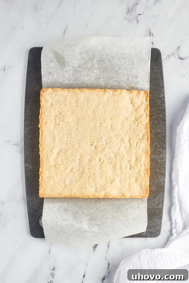 Overhead view of freshly baked shortbread on a cutting board.