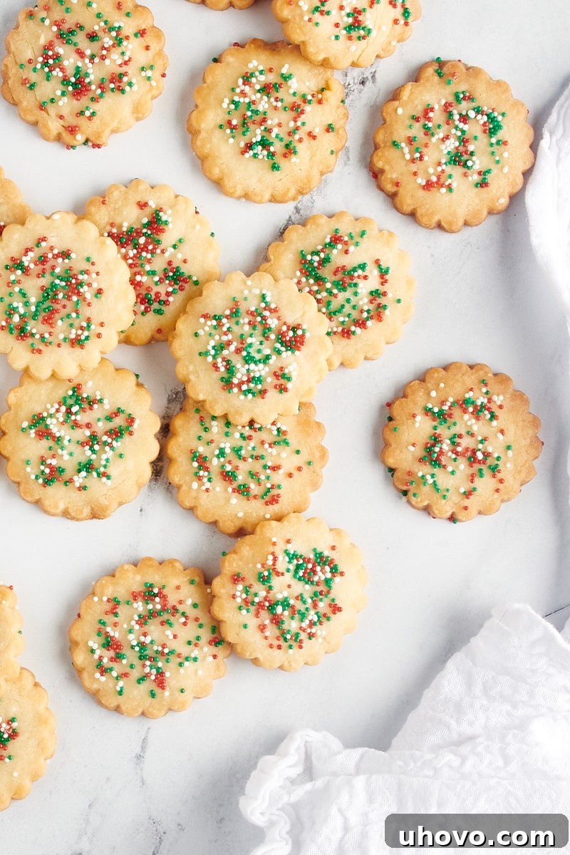 Overhead view of cutout shortbread cookies scattered on a countertop.