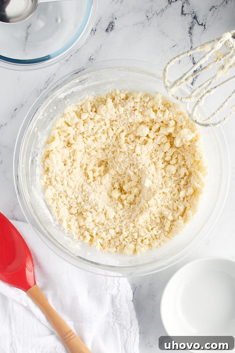 Overhead view of mixed shortbread cookie dough in a glass mixing bowl.