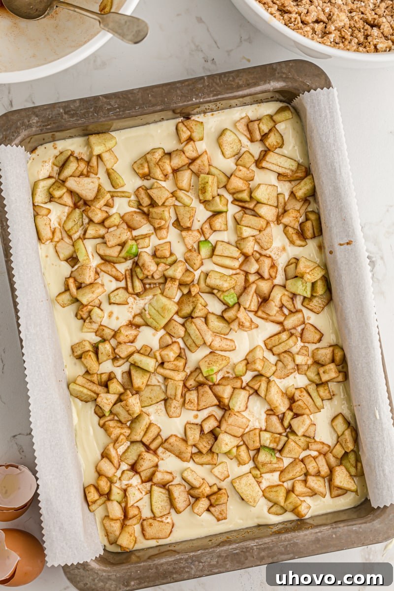 overhead view of cinnamon apples sprinkled over cheesecake filling