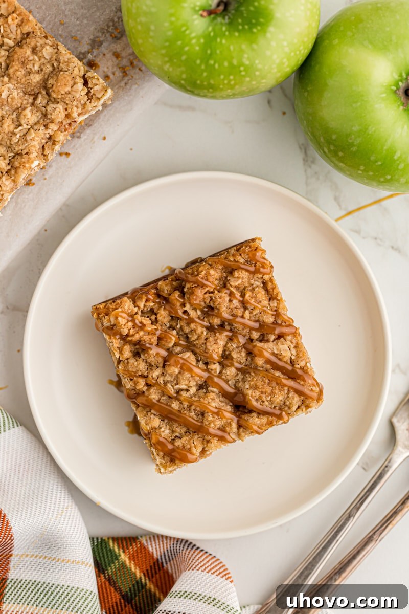 overhead view of a Caramel Apple Cheesecake Bar on a white plate with apples and more bars beside