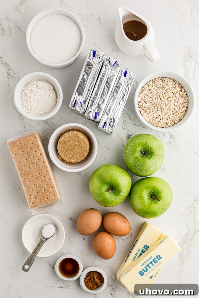 overhead view of ingredients for Caramel Apple Cheesecake Bars