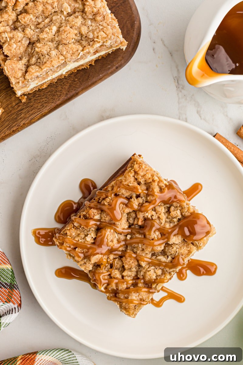 overhead view of a Caramel Apple Cheesecake Bar on a white plate