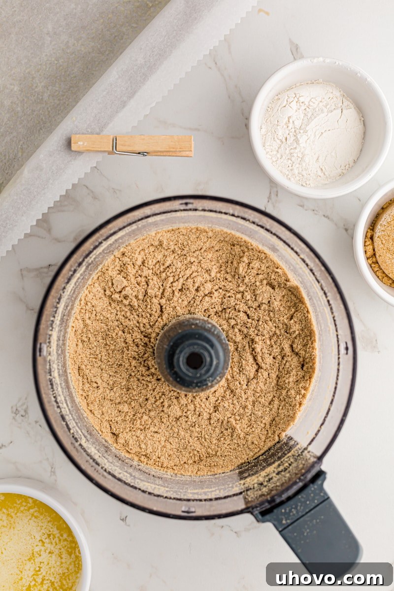 overhead view of graham cracker crumbs in a food processor