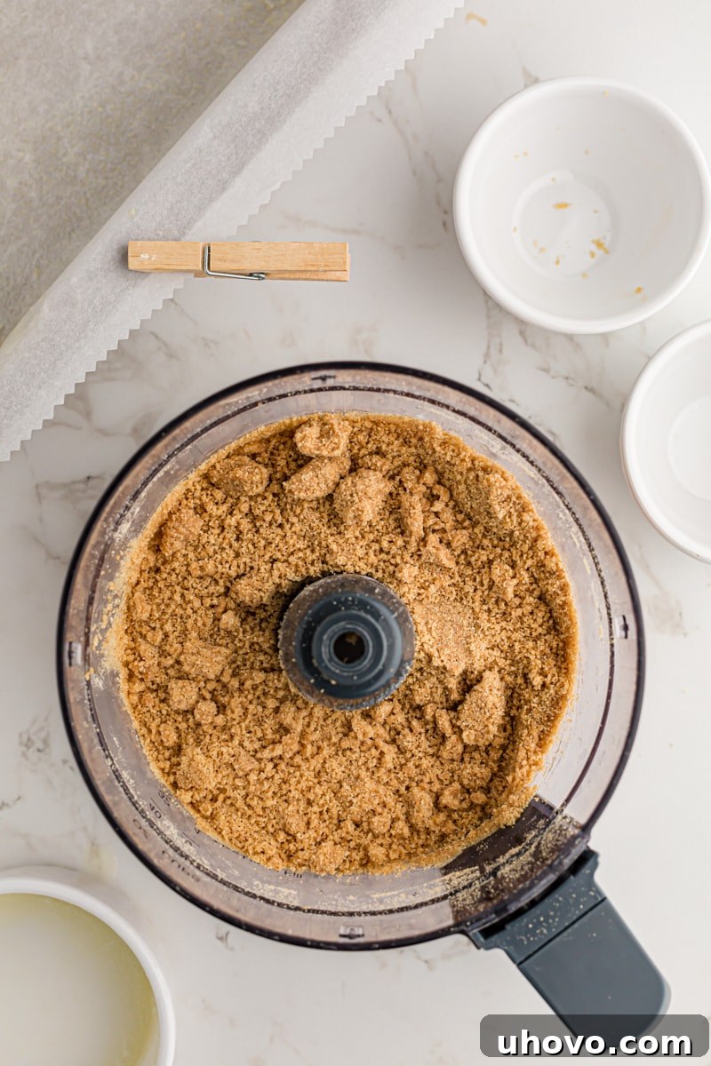 overhead view of mixed graham cracker crust mixture in a food processor