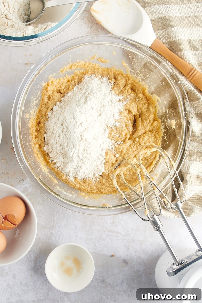Overhead view of the dry flour mixture being added to the creamed wet ingredients in a large mixing bowl for Gingerdoodle Cookies.