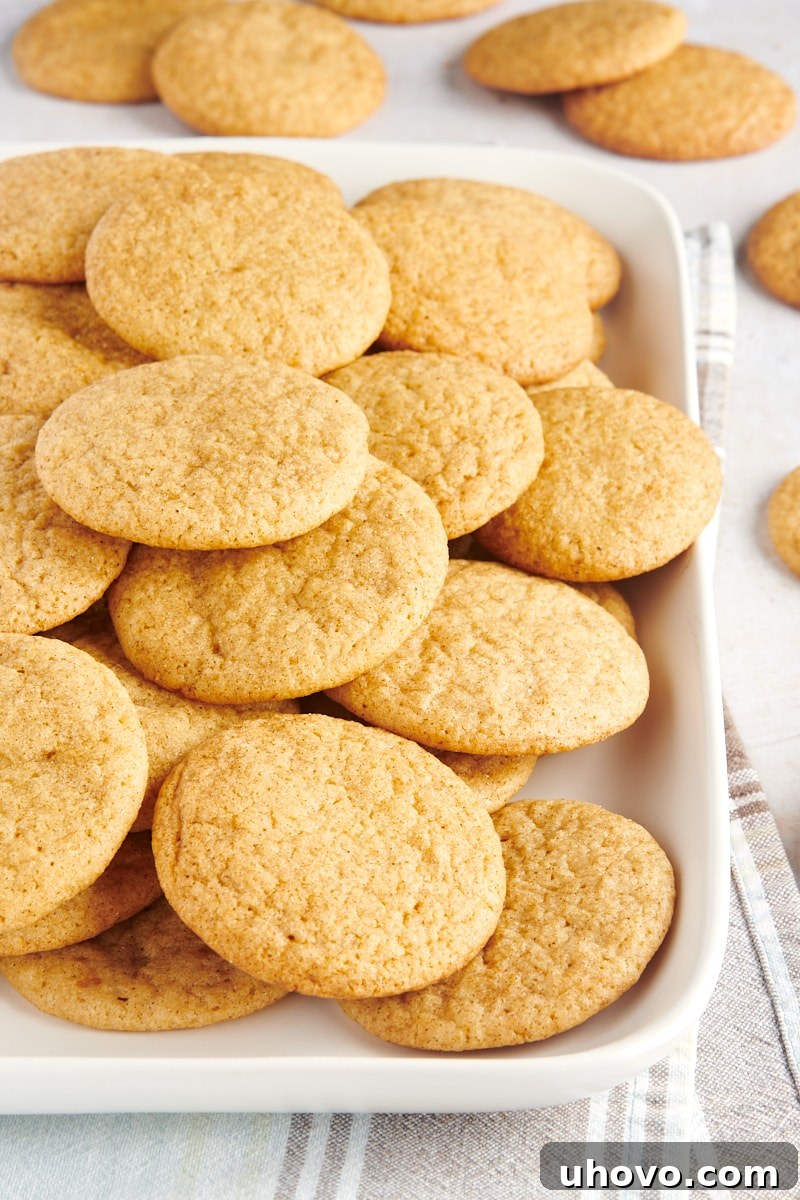Gingerdoodle Cookies artfully piled on a simple white serving tray, ready to be enjoyed.