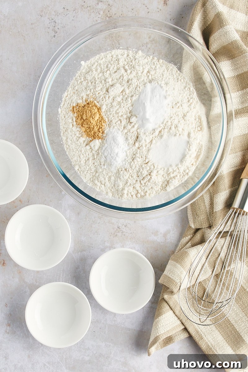Overhead view of all-purpose flour, baking soda, ground ginger, cream of tartar, and salt placed together in a large glass mixing bowl, ready to be whisked.