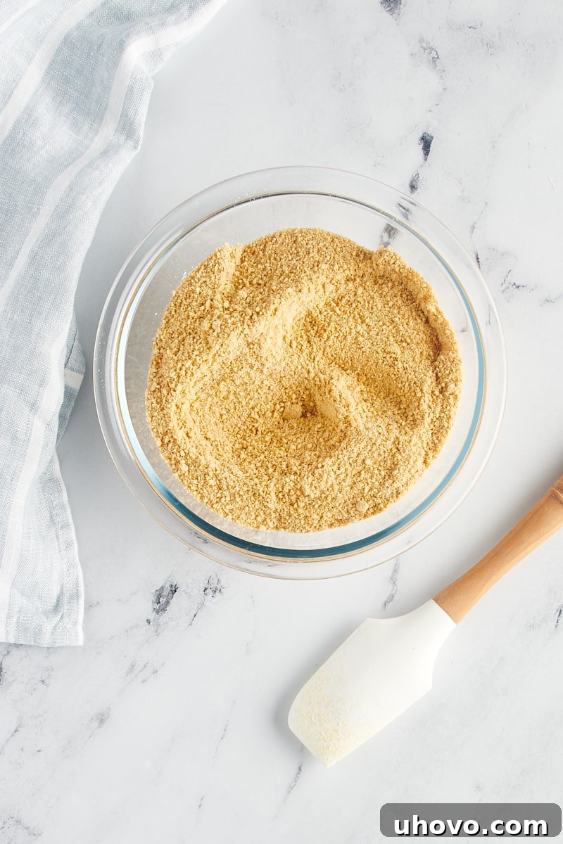 Close-up of golden brown graham cracker crumbs in a mixing bowl, ready for crust preparation.