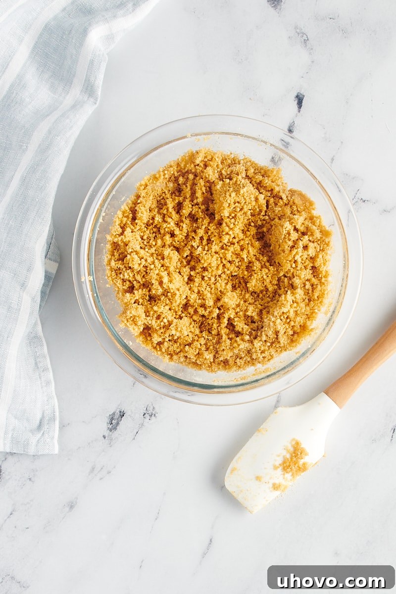 The graham cracker crust mixture, perfectly moistened, stirred together in a bowl.