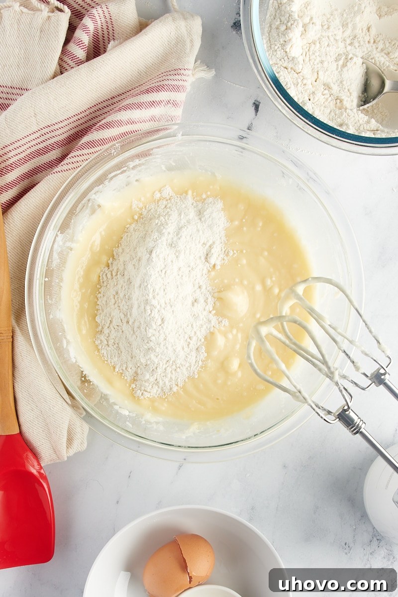 Overhead view of dry ingredients added to wet ingredients for sugar cookies.