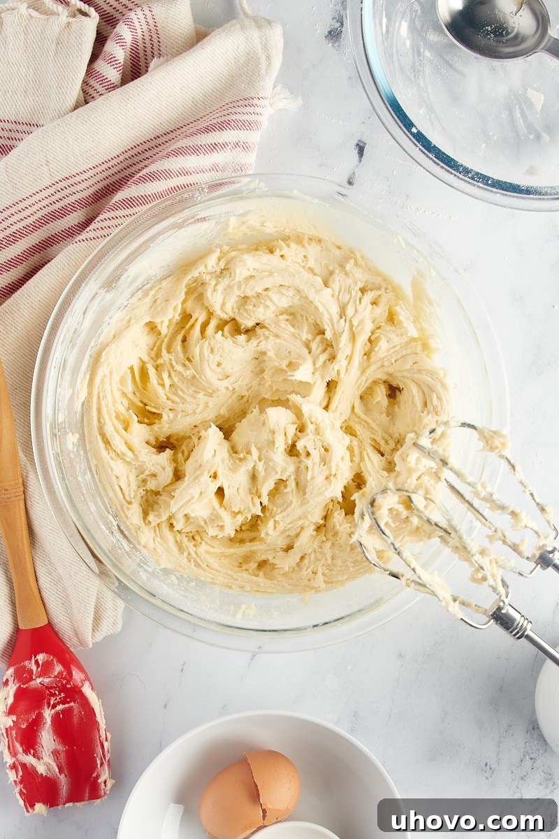 Overhead view of mixed sugar cookie dough in a glass mixing bowl.
