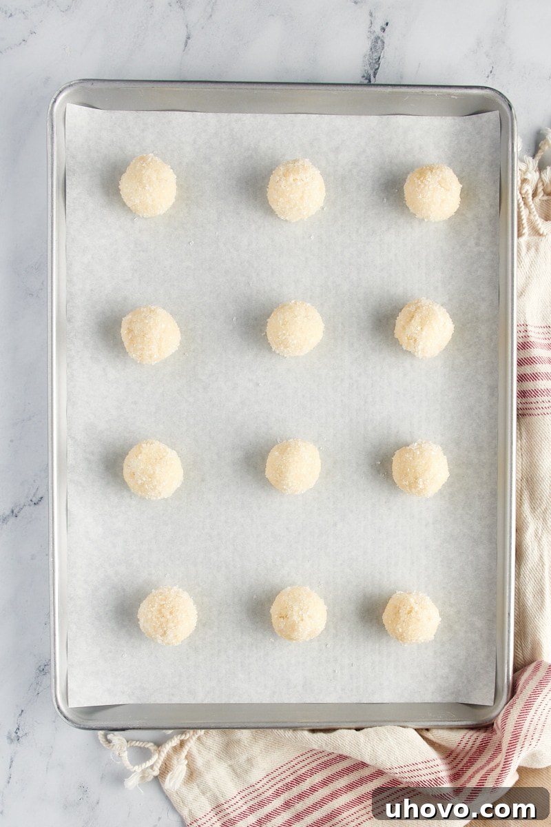 Overhead view of sugar cookie dough balls rolled in sugar and placed on a parchment-lined baking sheet.