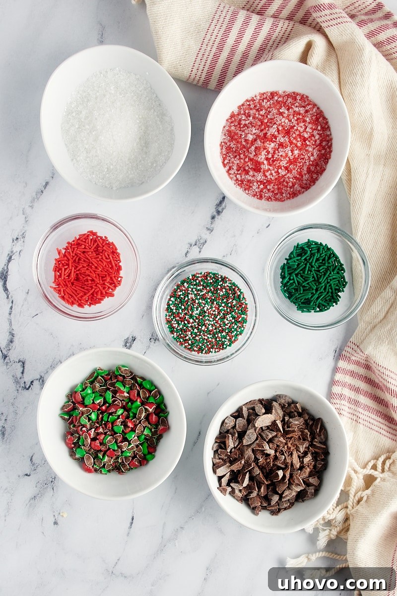 Overhead view of toppings for sugar cookies.
