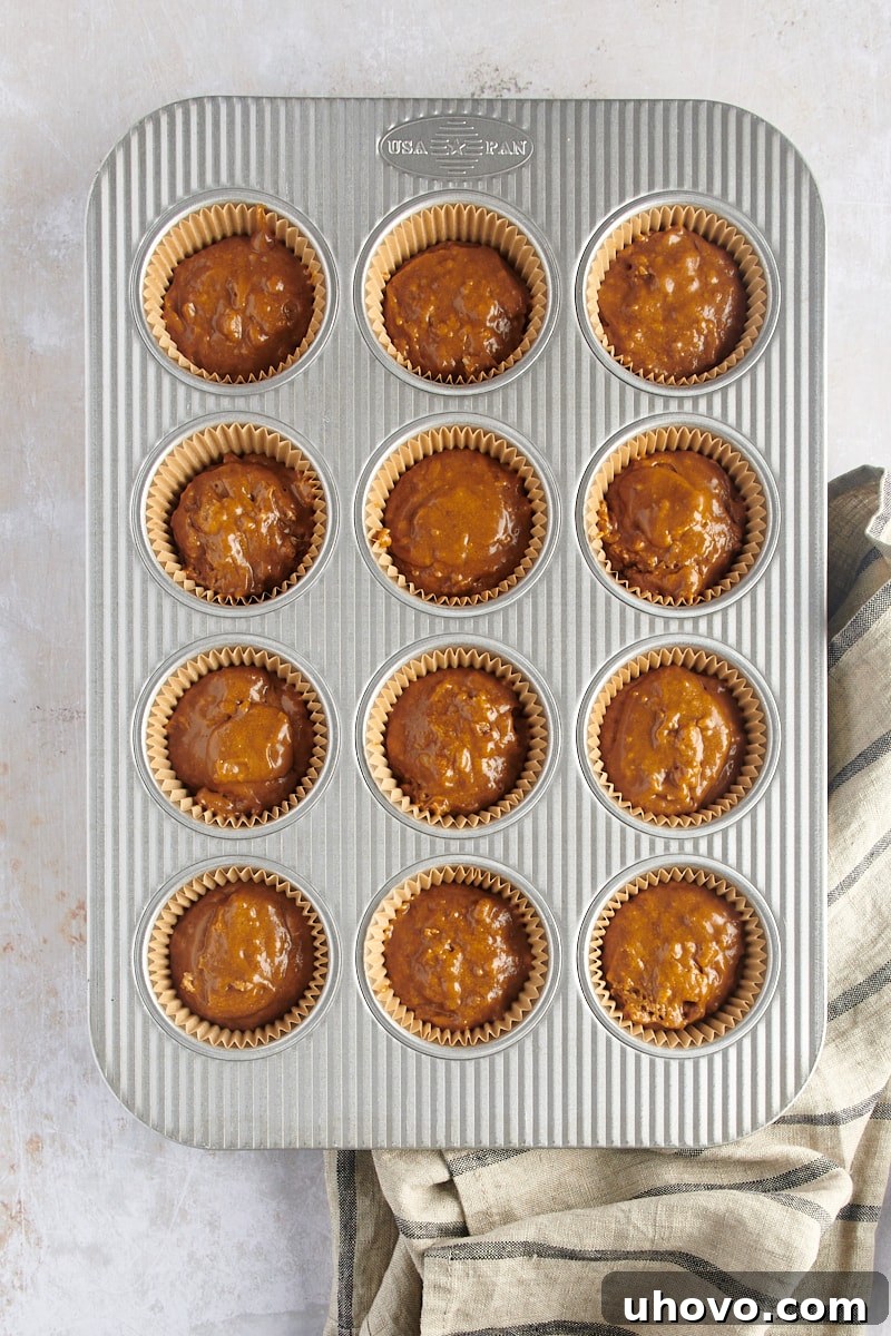 An overhead view of gingerbread muffin batter neatly and evenly portioned into a 12-cup muffin pan, ready to be placed in the oven.