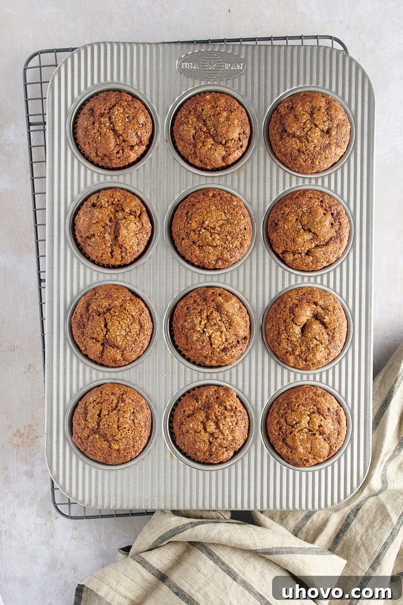 An overhead view of a dozen freshly baked gingerbread muffins, golden brown and perfectly risen, cooling in their muffin pan on a wire rack.