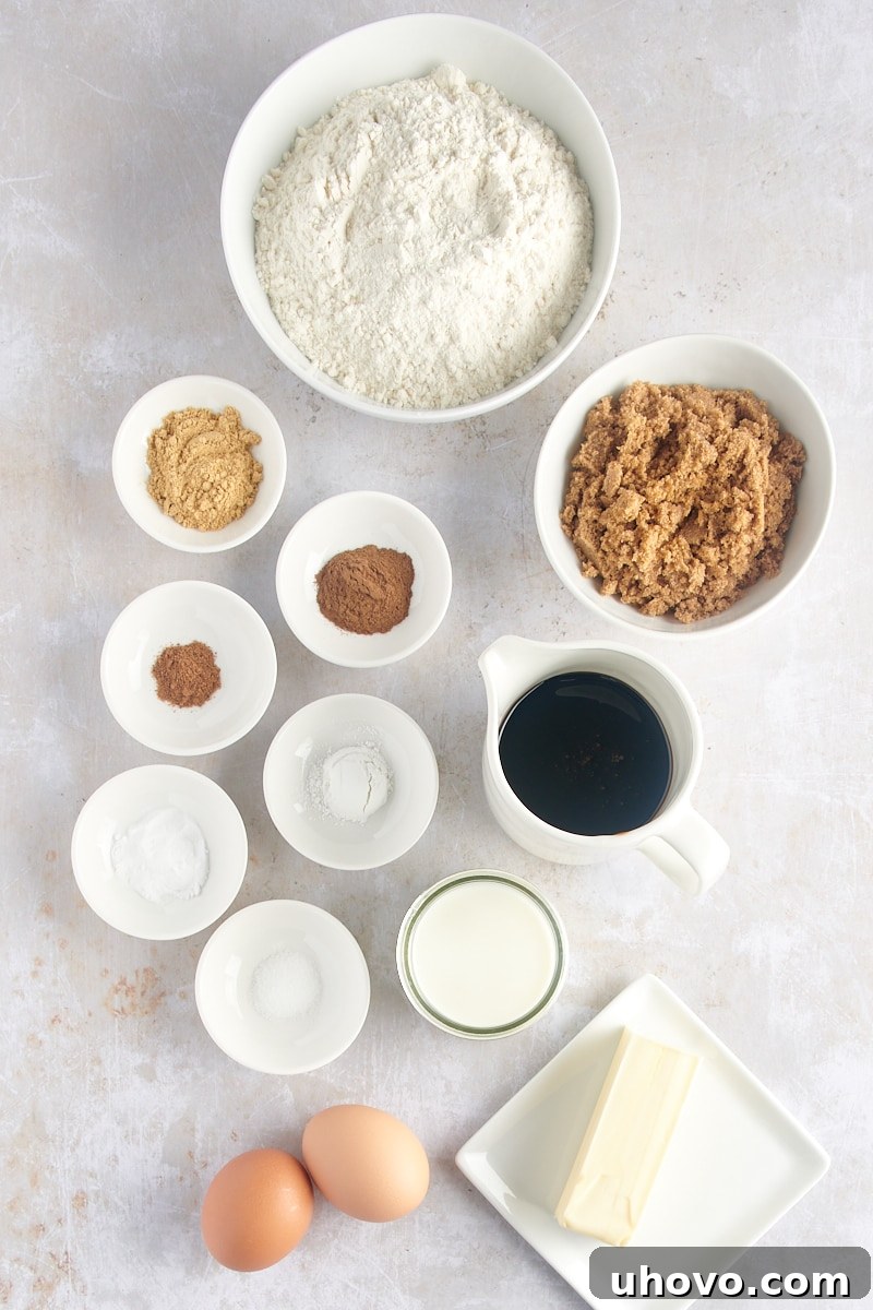 An overhead view showcasing all the individual ingredients for Gingerbread Muffins, neatly arranged and prepared on a surface.