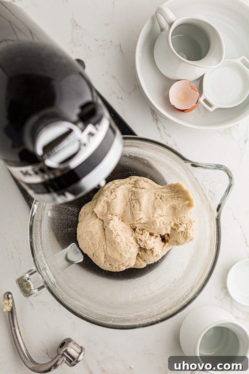 overhead view of bread dough mixed in the bowl of a stand mixer