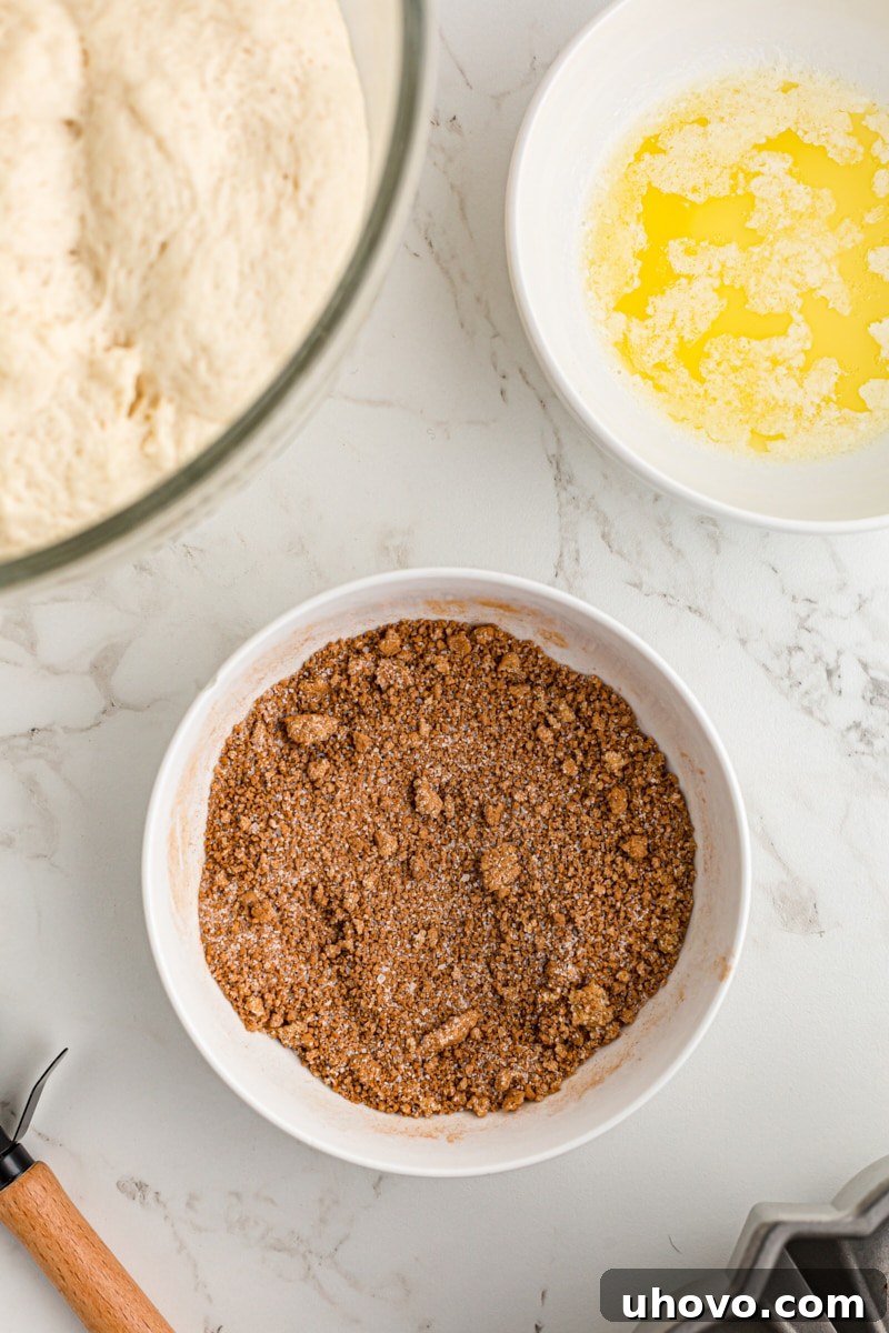 overhead view of mixed cinnamon sugar in a white bowl