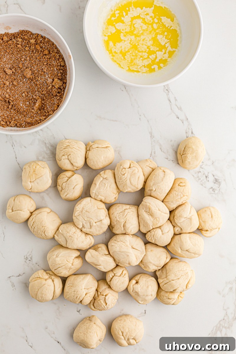 overhead view of portioned bread dough for Monkey Bread