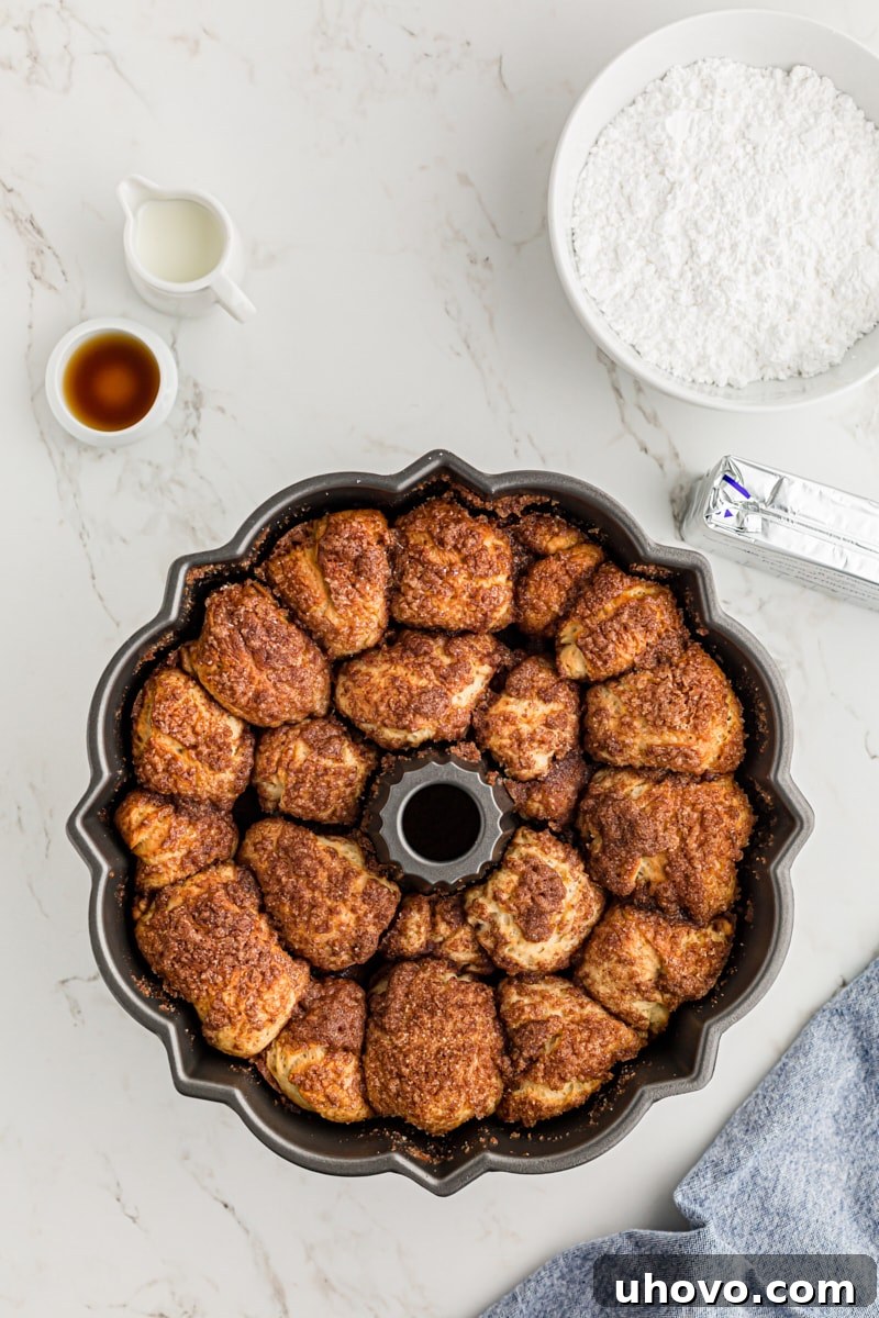 overhead view of freshly baked Monkey Bread in a Bundt pan