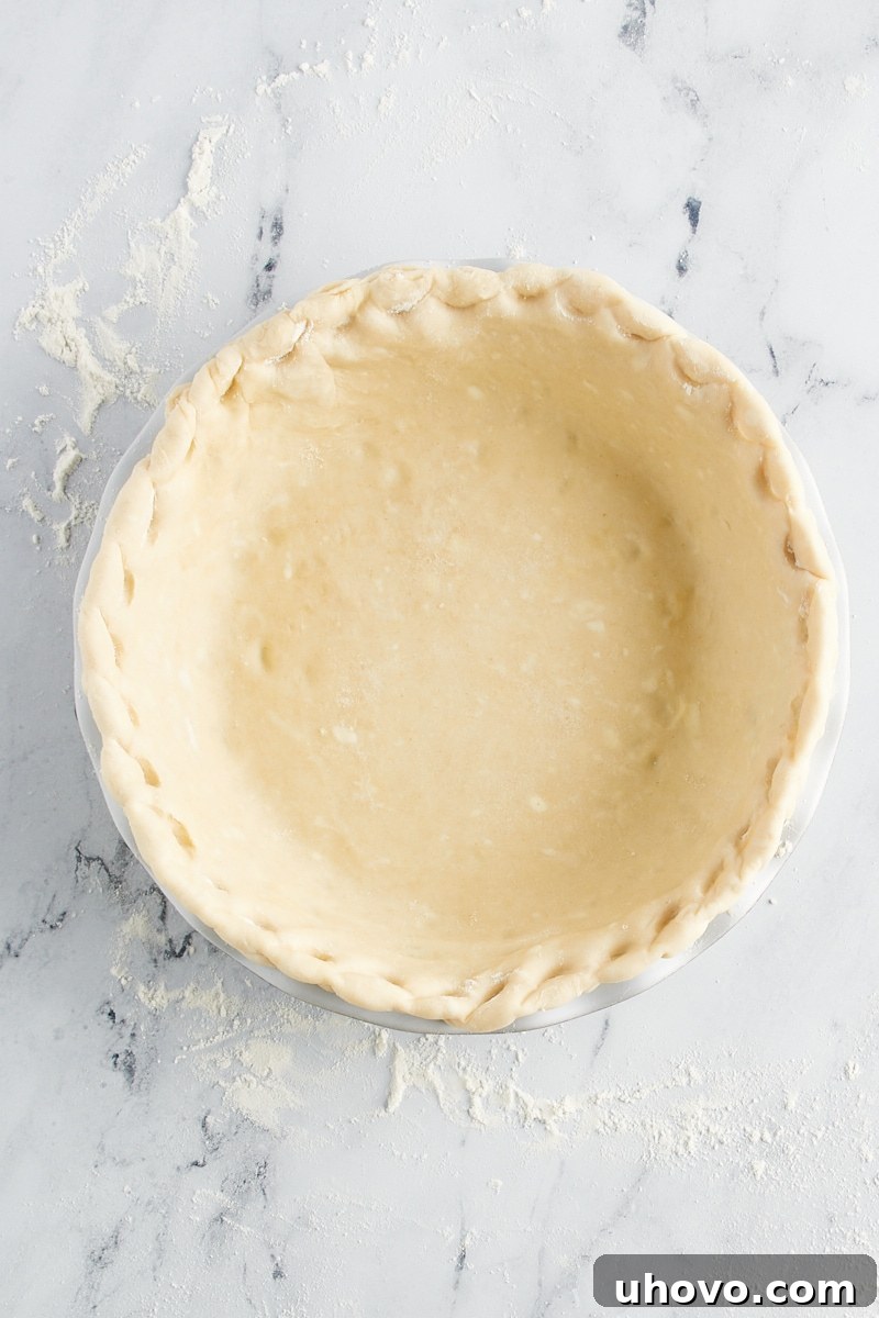 Raw pie crust neatly fitted into a pie pan, ready for filling.