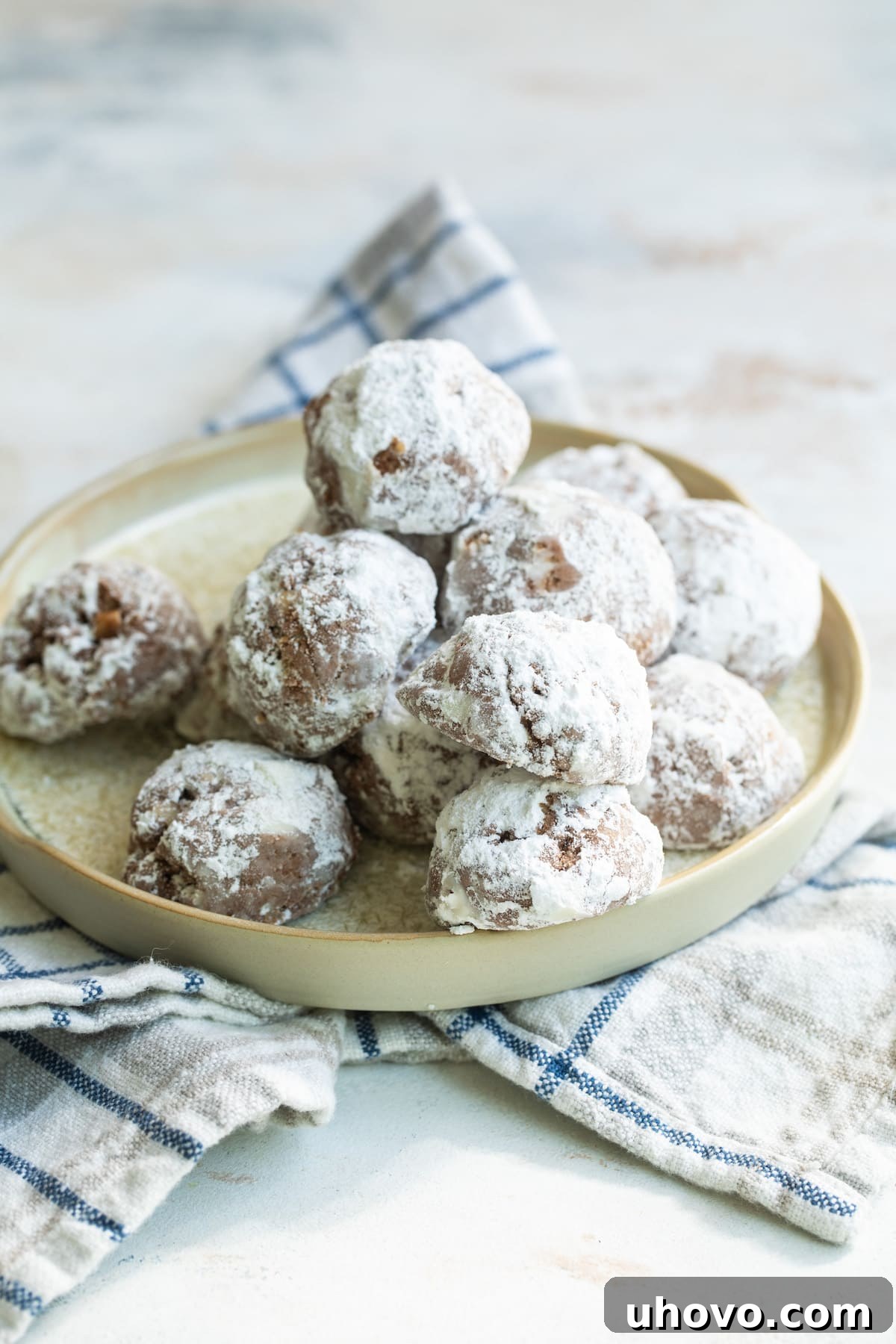 plate of powdered sugar-dusted coco macadamia nut cookies