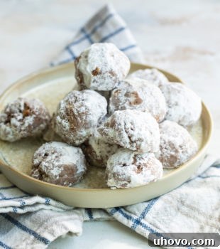 plate of powdered sugar-dusted coco macadamia nut cookies