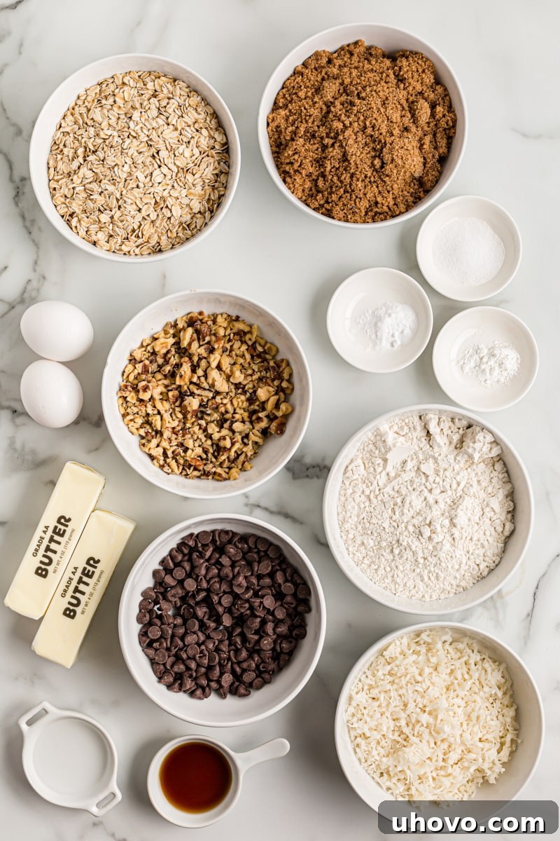 Overhead view of ingredients for cowboy cookies