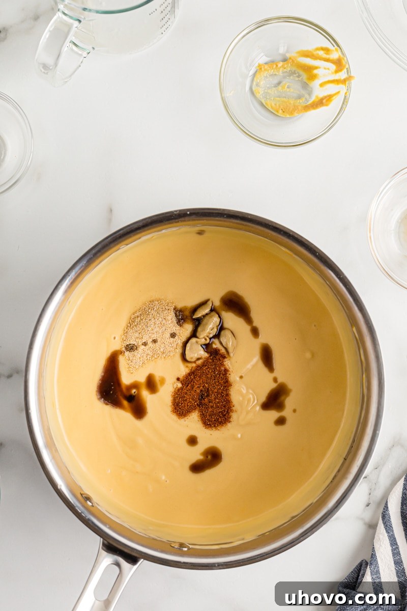 Dijon mustard, Worcestershire sauce, paprika, and garlic powder being stirred into the finished beer cheese dip in a saucepan, adding the final touches of flavor.
