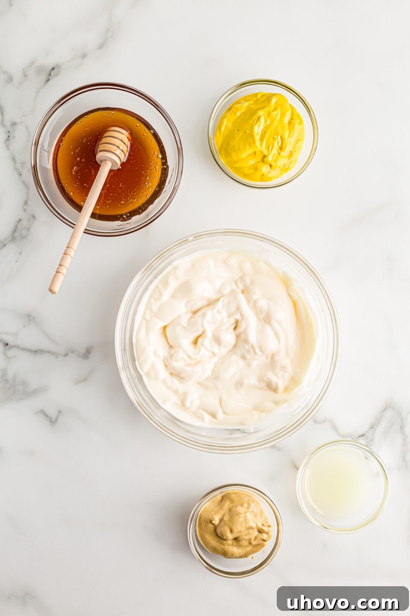Overhead view of the simple ingredients needed for a sweet and tangy honey mustard dipping sauce, including mayonnaise, honey, and various mustards.