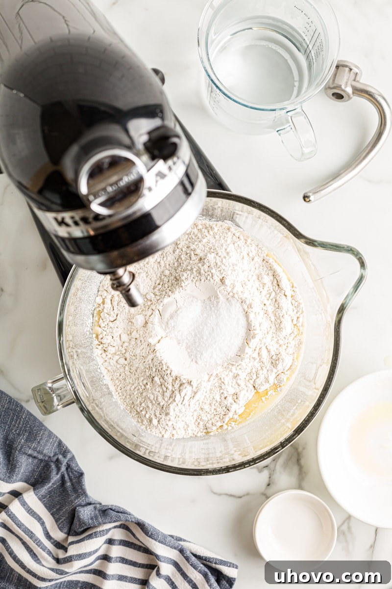 An overhead shot showing flour, instant yeast, granulated sugar, salt, and warm water in the bowl of a stand mixer, ready to be combined for the pretzel dough.
