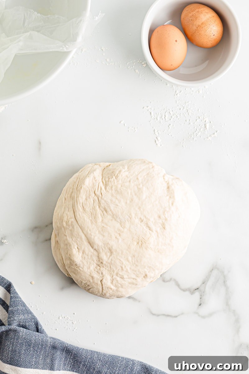 Pretzel dough, soft and pliable, ready for shaping on a lightly floured countertop.