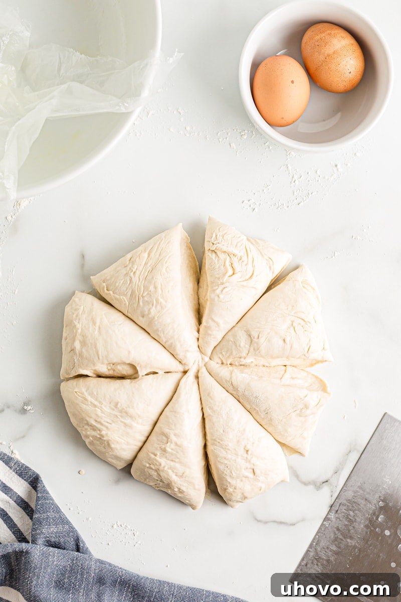 Pretzel dough neatly divided into uniform wedges, prepared for rolling into ropes.