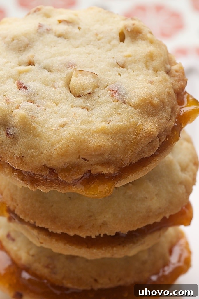 Two stacks of Almond-Apricot Sandwich Cookies on a white plate, showcasing the golden almond cookies with a vibrant apricot filling peeking through.