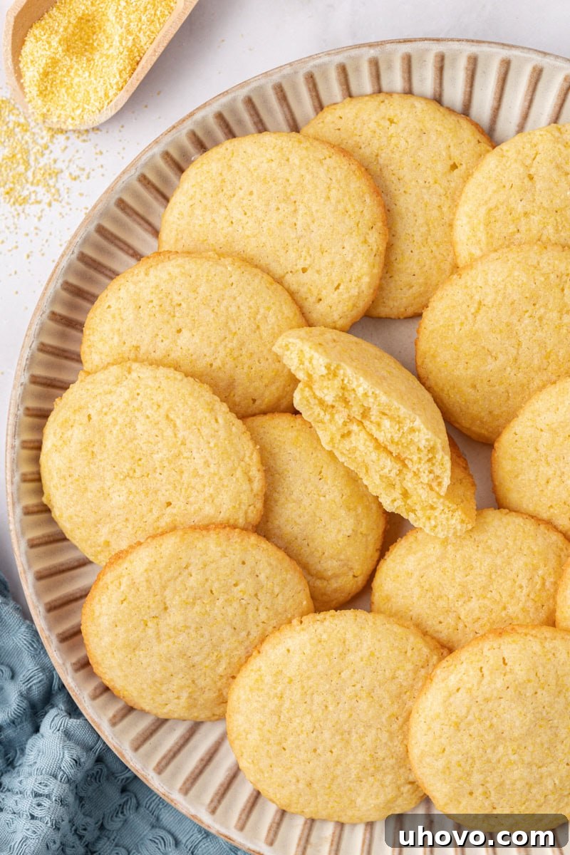 overhead view of golden-brown cornmeal cookies on a large white plate, ready to be enjoyed