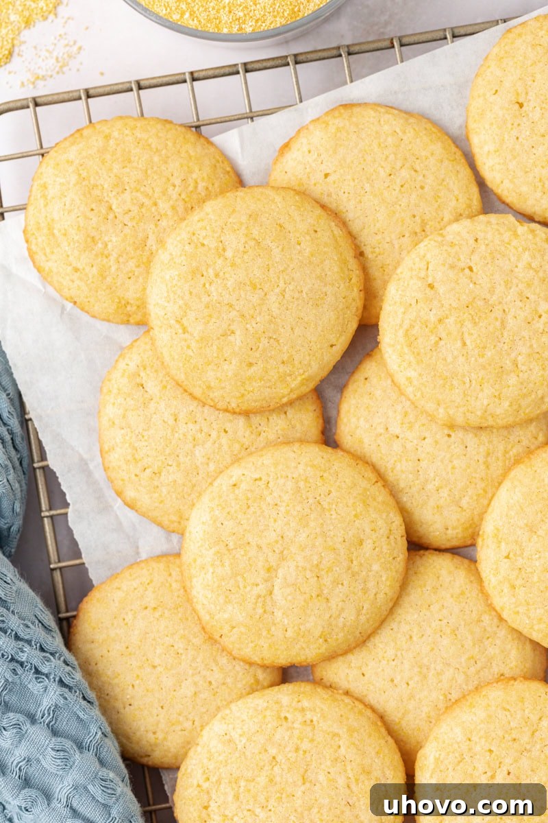 overhead view of freshly baked cornmeal cookies cooling on a wire rack, showcasing their golden edges