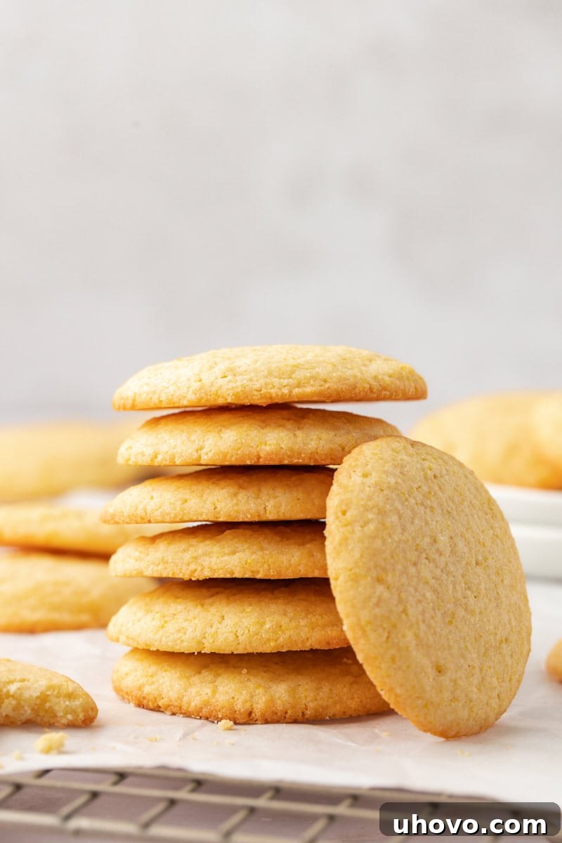 stack of six golden cornmeal cookies, with another cookie leaning against the stack, on a light background
