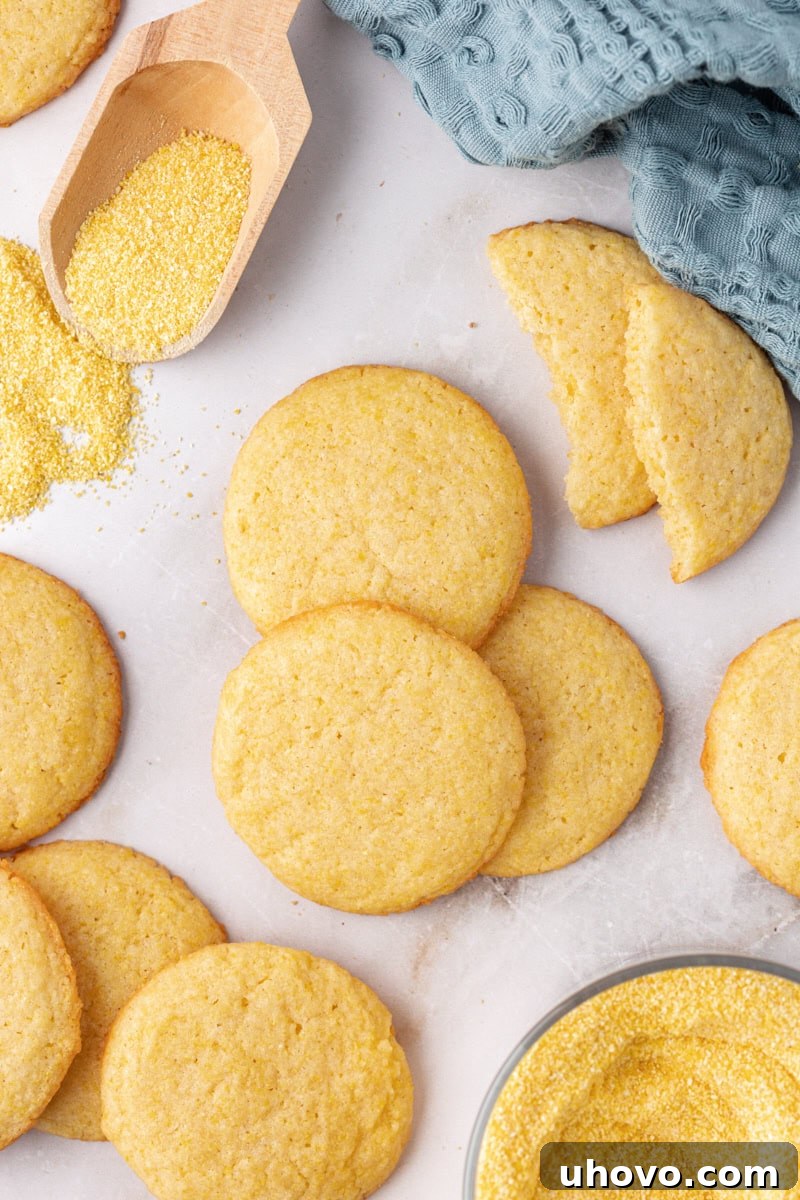 several golden cornmeal cookies scattered artfully on a marble countertop