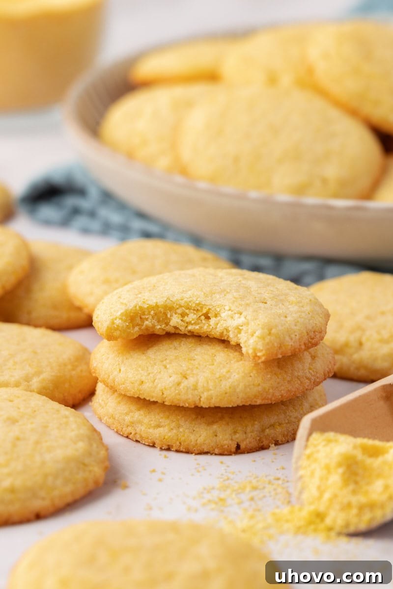 stack of three golden cornmeal cookies with a bite taken from the top cookie, surrounded by more cookies
