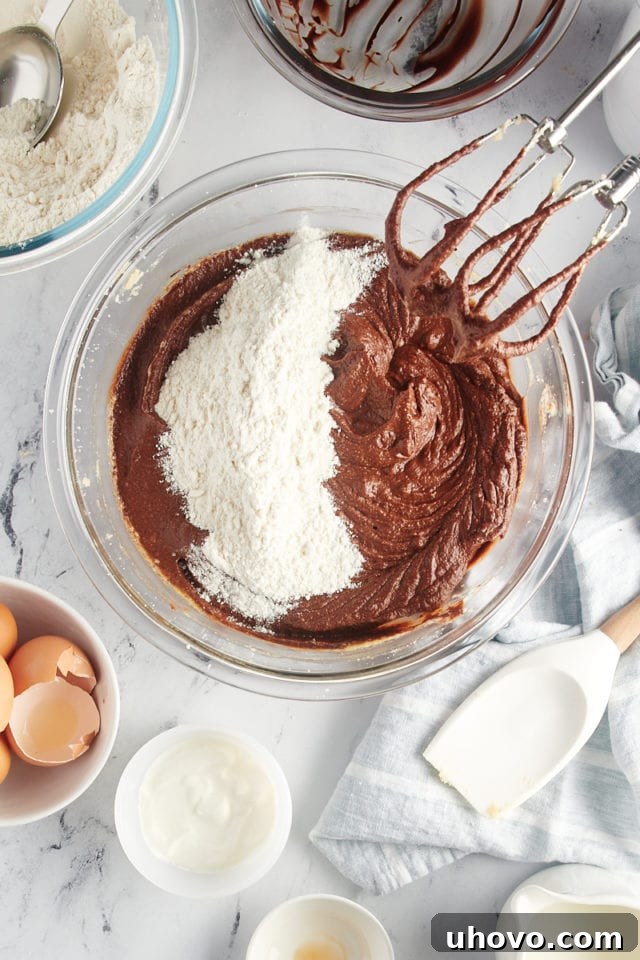 overhead view of a portion of dry ingredients added to chocolate cake batter